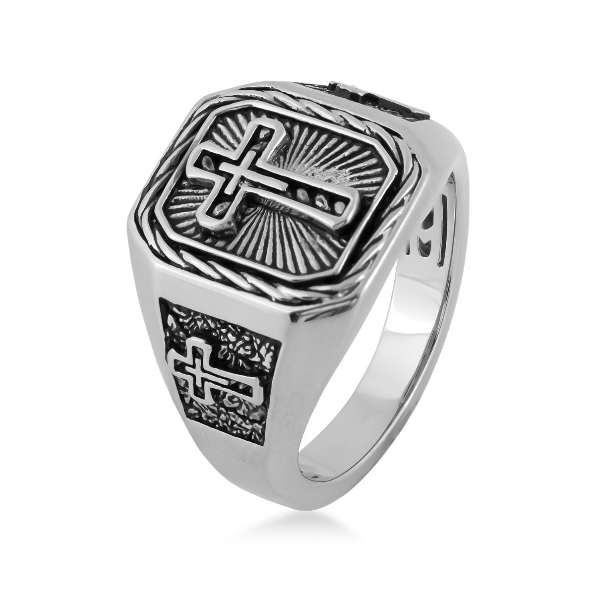 Men's Rope Design Cross Ring with Antiquing in Sterling Silver front view