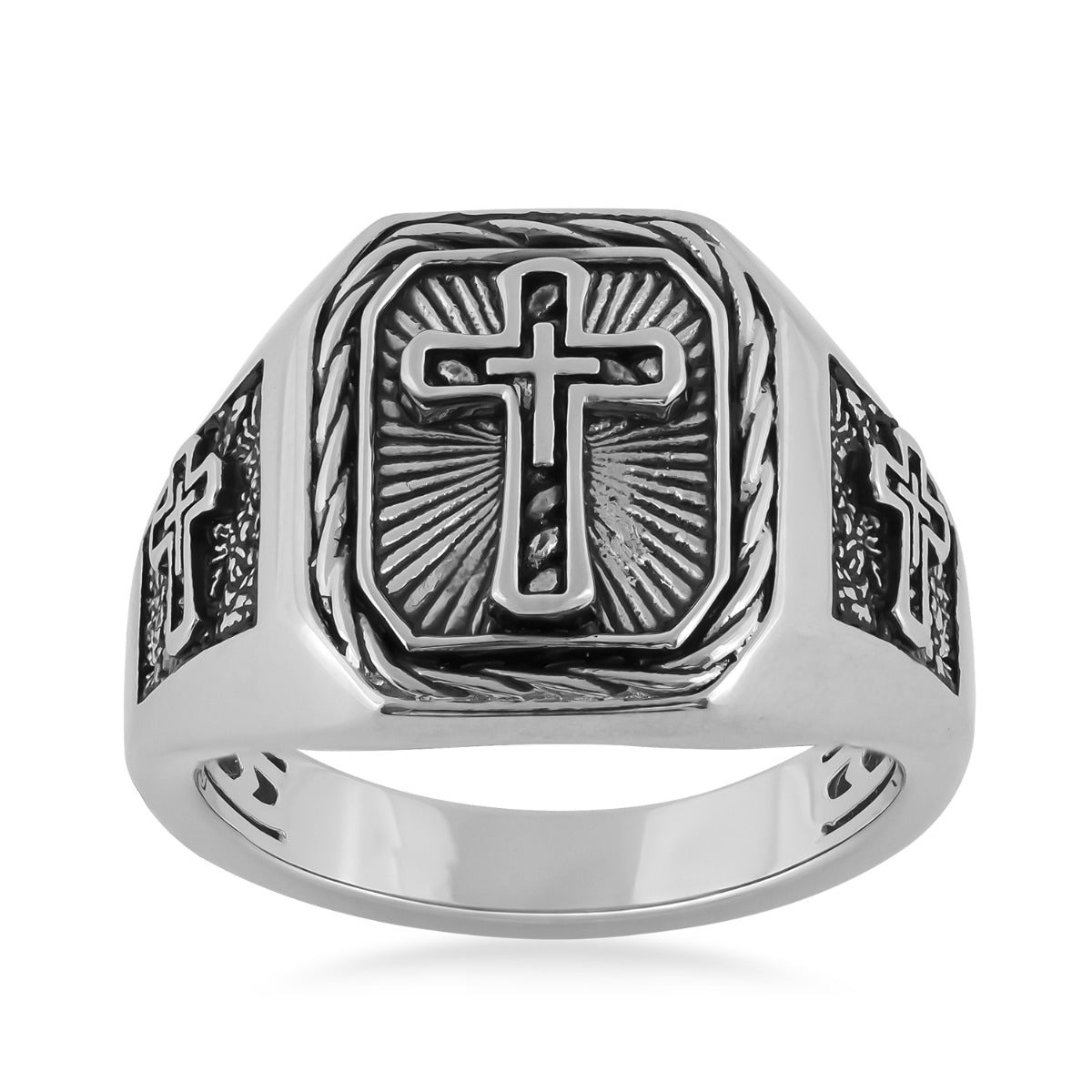 Men's Rope Design Cross Ring with Antiquing in Sterling Silver