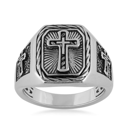 Men's Rope Design Cross Ring with Antiquing in Sterling Silver