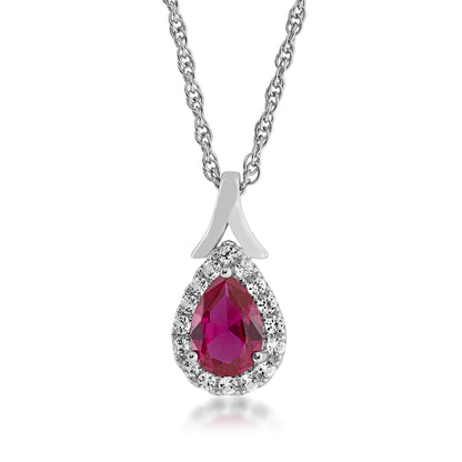 Created Pear Ruby & White Sapphire Halo Pendant & Earring Set in Sterling Silver front view