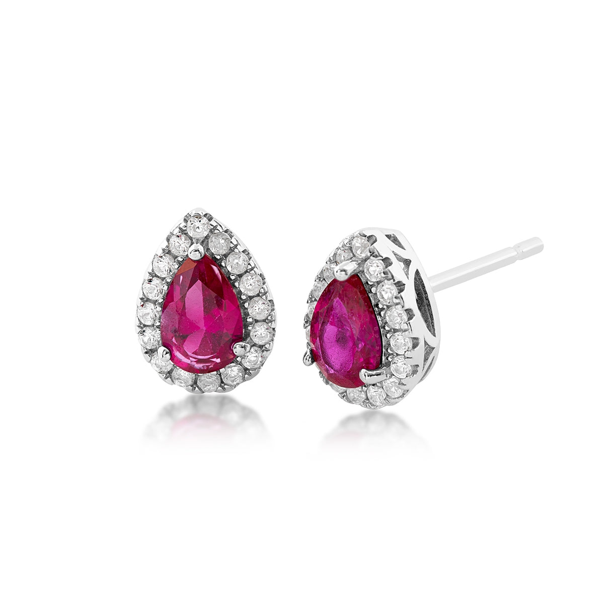 Created Pear Ruby & White Sapphire Halo Pendant & Earring Set in Sterling Silver close-up detail