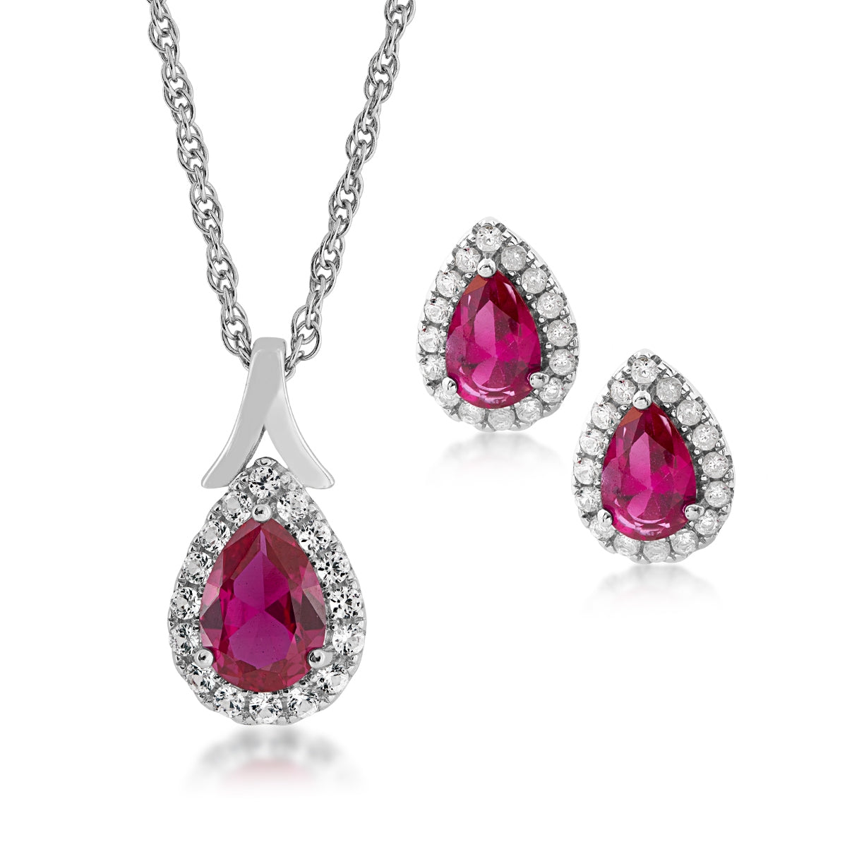 Created Pear Ruby & White Sapphire Halo Pendant & Earring Set in Sterling Silver