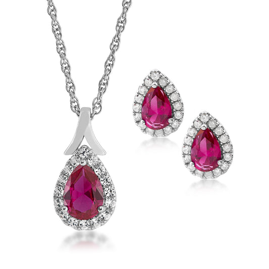 Created Pear Ruby & White Sapphire Halo Pendant & Earring Set in Sterling Silver