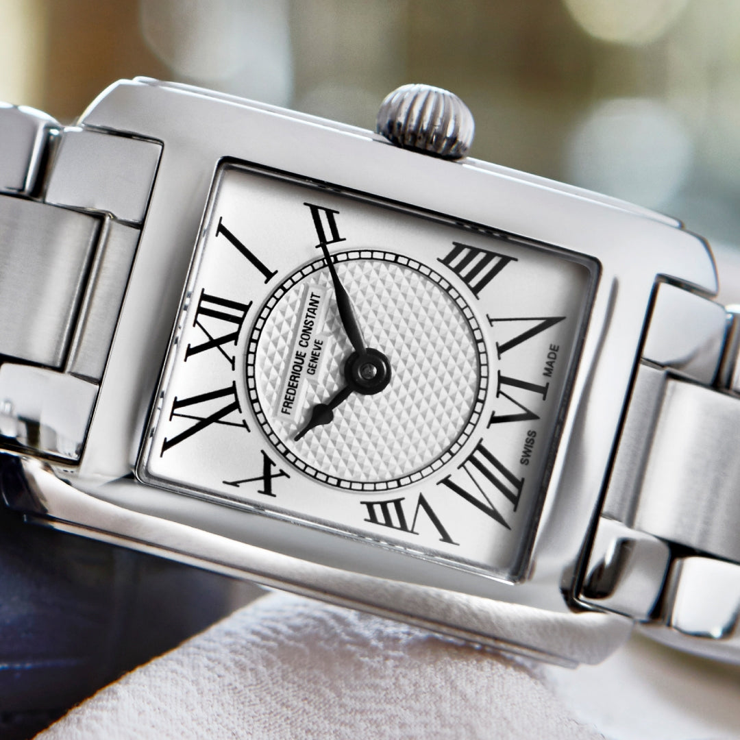 Frederique Constant Ladies' Carree Quartz Stainless Steel Watch with Silver Dial close-up detail
