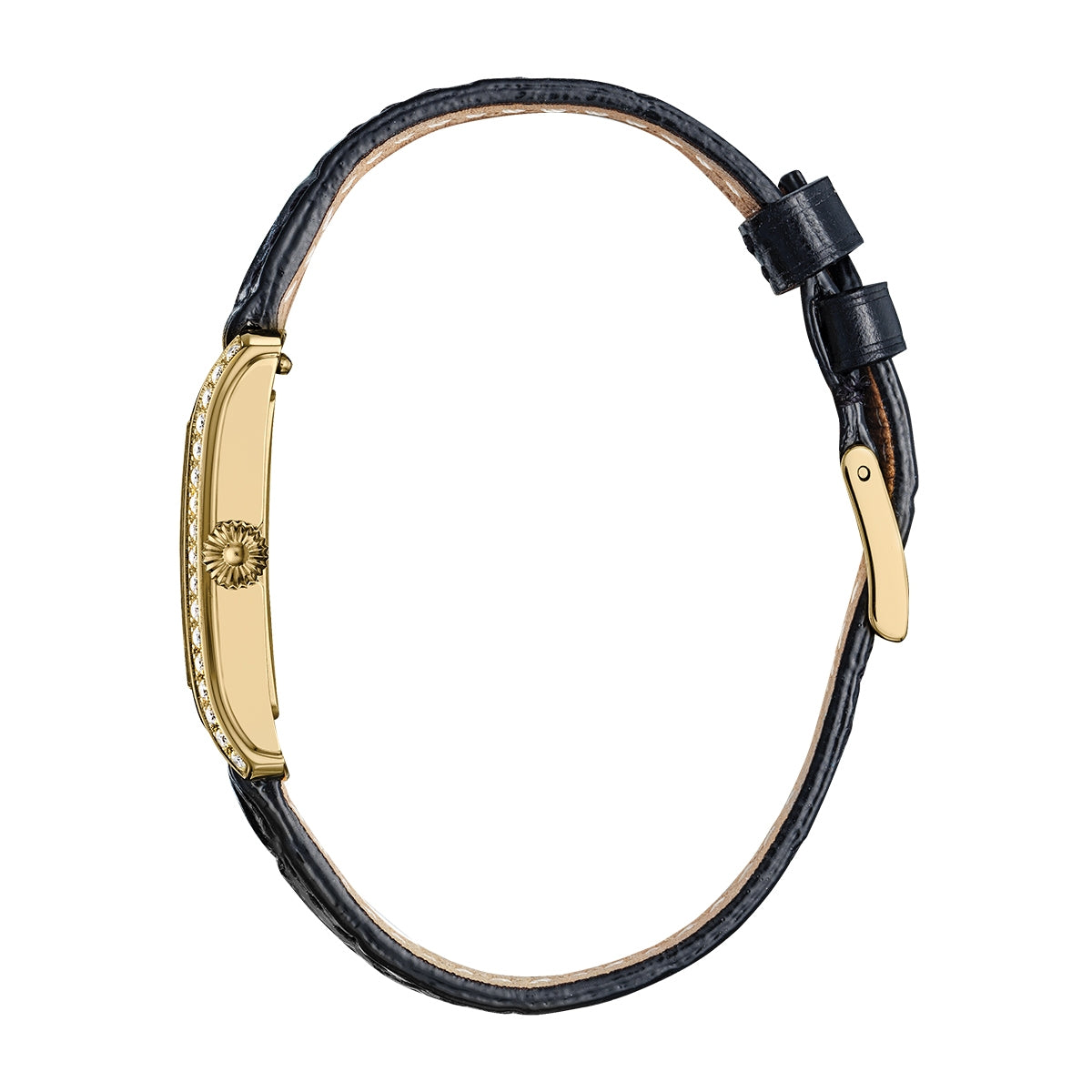Frederique Constant Ladies' Carree Quartz Gold-Tone Stainless Steel Watch with Silver Dial & Black Leather Strap front view