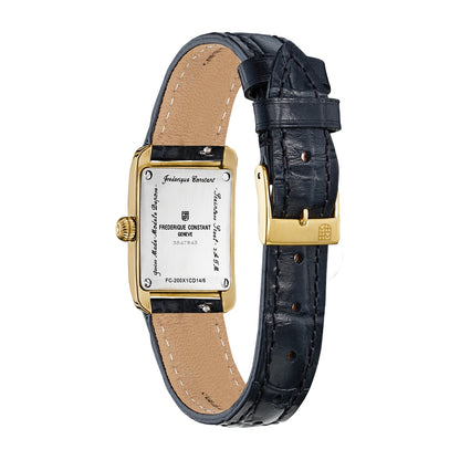 Frederique Constant Ladies' Carree Quartz Gold-Tone Stainless Steel Watch with Silver Dial & Black Leather close-up detail