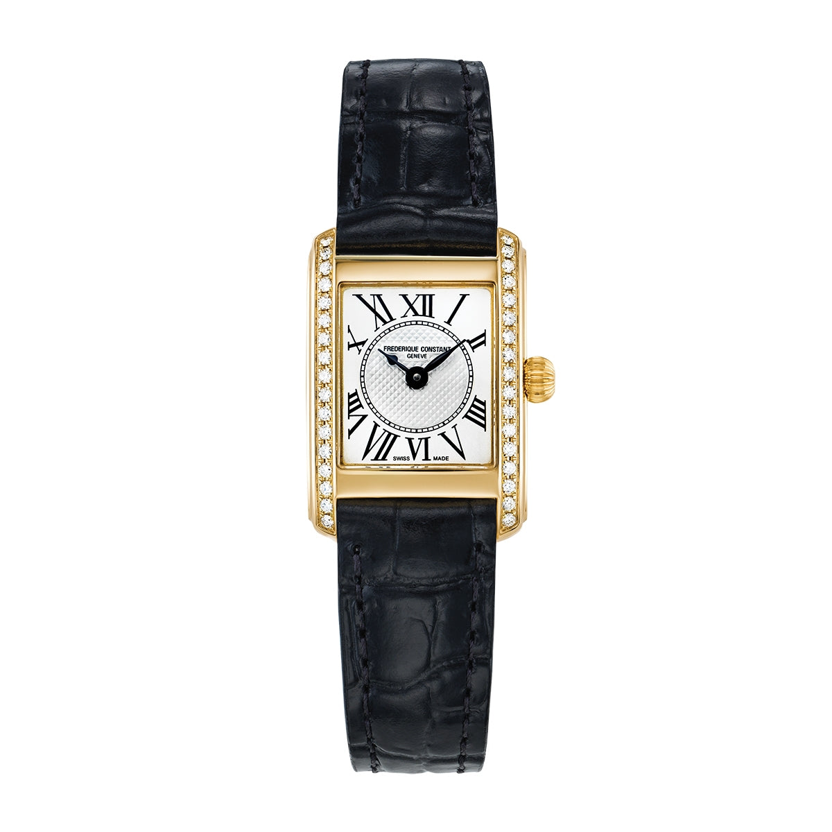 Frederique Constant Ladies' Carree Quartz Gold-Tone Stainless Steel Watch with Silver Dial & Black Leather Strap