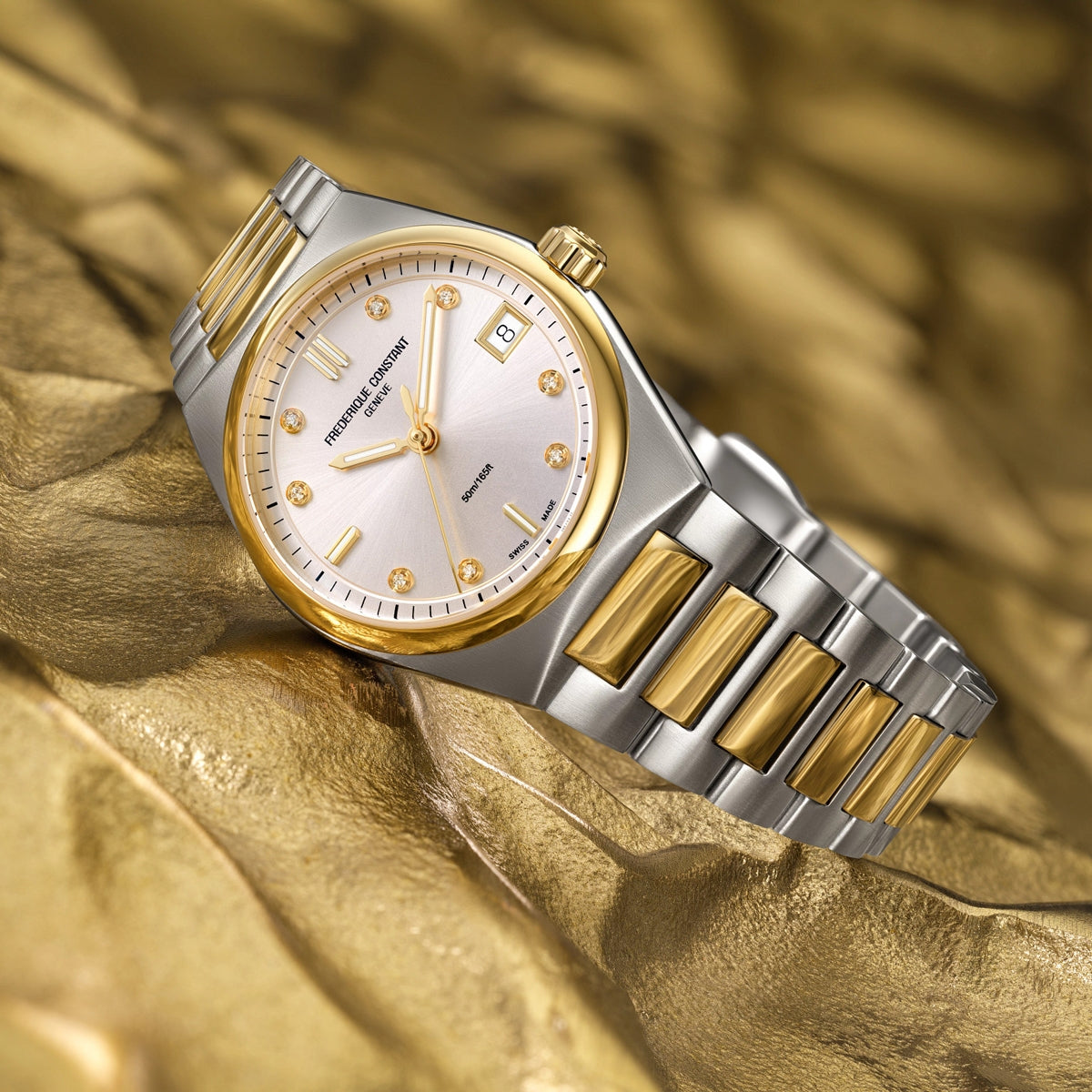 Frederique Constant Ladies' Quartz Two-Tone Stainless Steel Watch with Silver Dial close-up detail