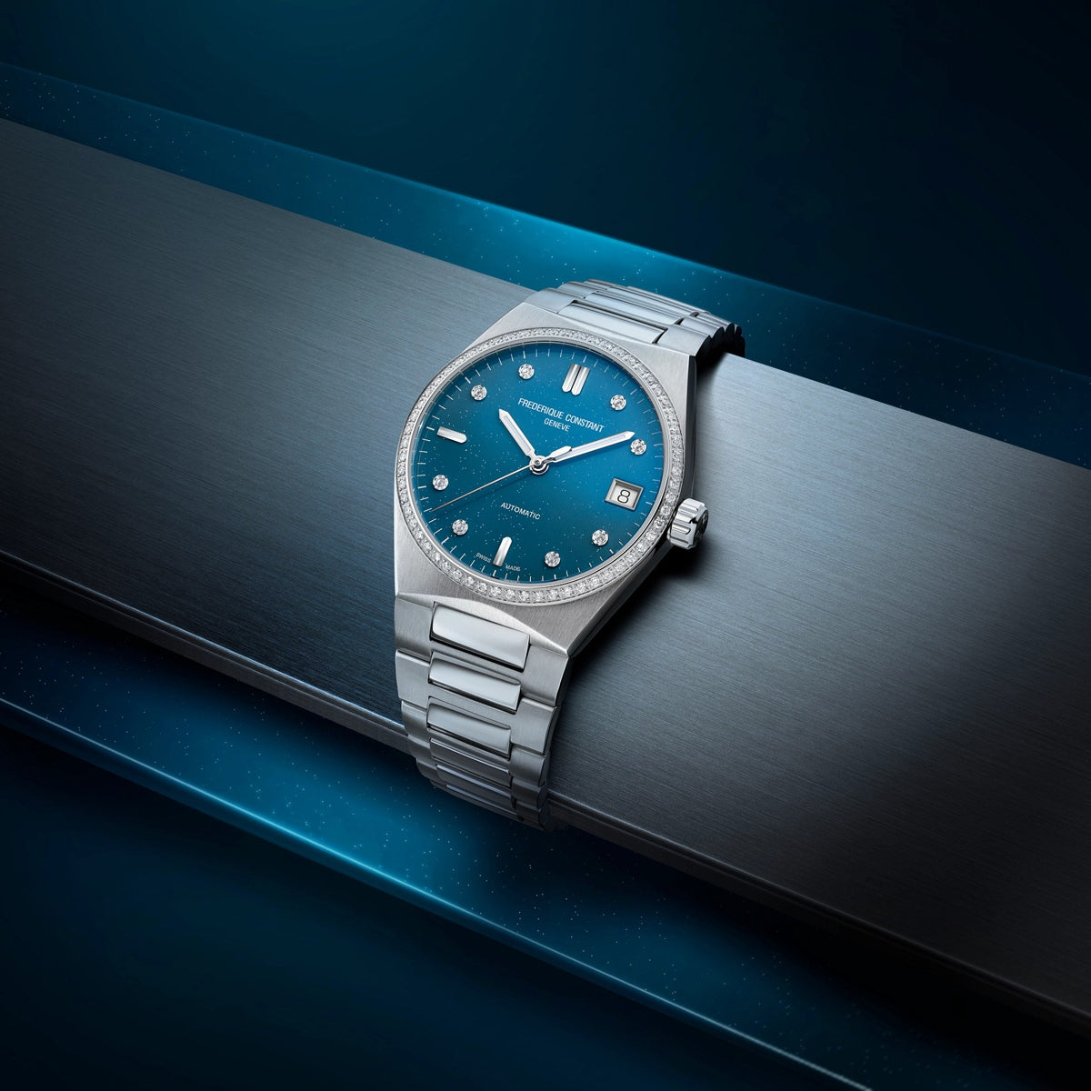 Frederique Constant Ladies' Highlife Automatic Stainless Steel Watch with Blue Dial close-up detail