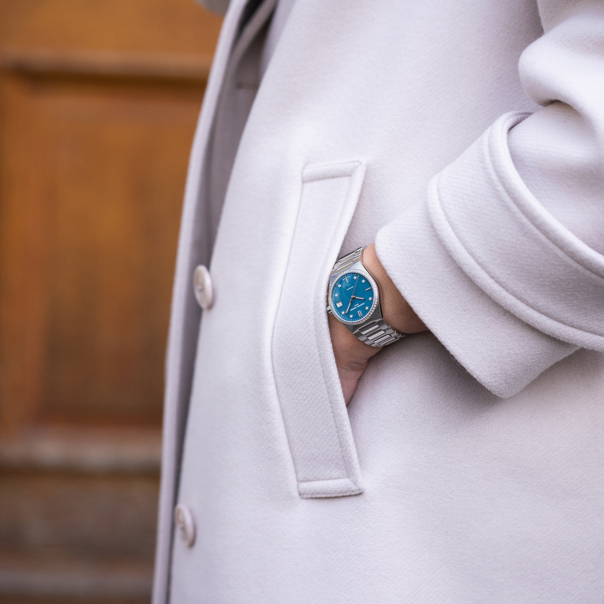 Frederique Constant Ladies' Highlife Automatic Stainless Steel Watch with Blue Dial side profile