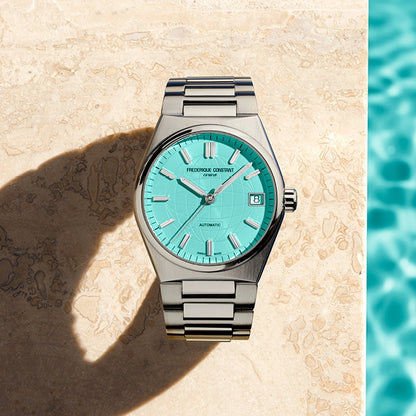 Frederique Constant Ladies' Highlife Automatic Stainless Steel Watch with Blue Globe Pattern Dial close-up detail