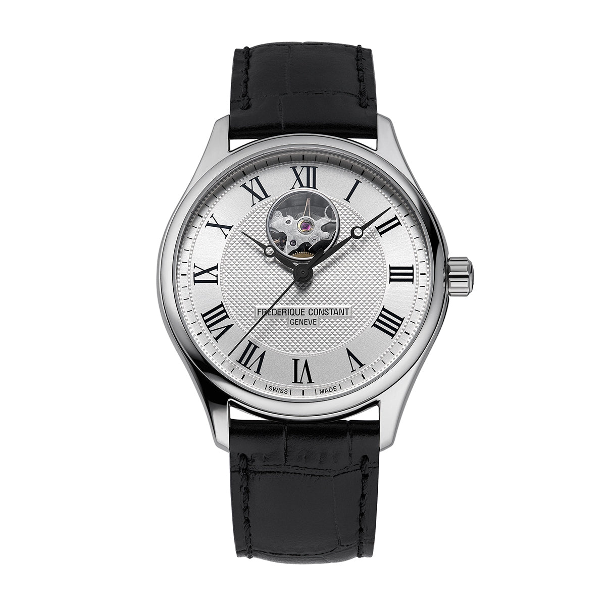 Frederique Constant Men's Classics Heart Beat Automatic Stainless Steel Watch with Silver Dial & Black Leather Strap