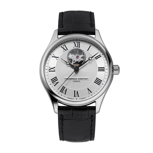 Frederique Constant Men's Classics Heart Beat Automatic Stainless Steel Watch with Silver Dial & Black Leather Strap