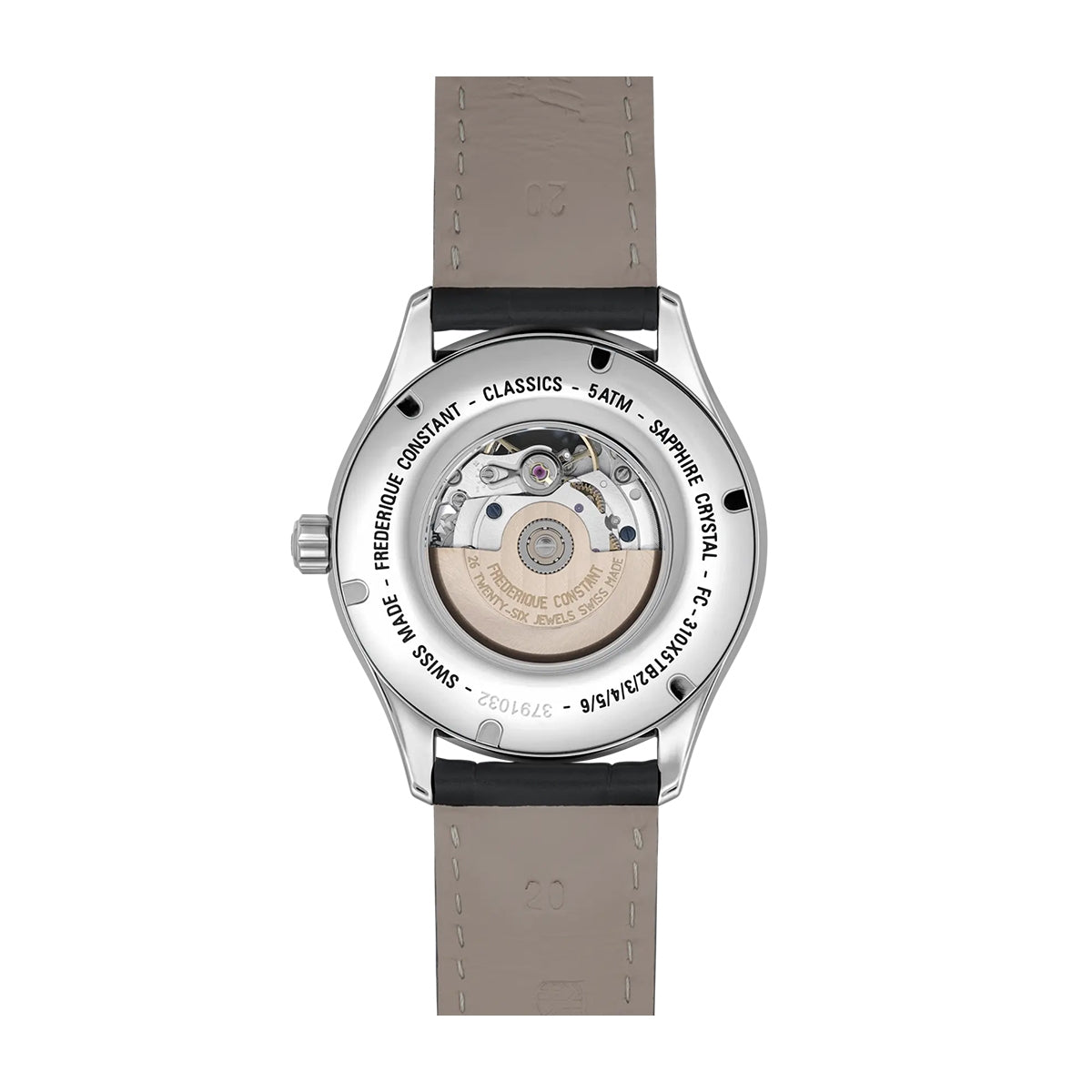 Frederique Constant Men's Classics Heart Beat Automatic Stainless Steel Watch with Silver Dial & Black Leather front view