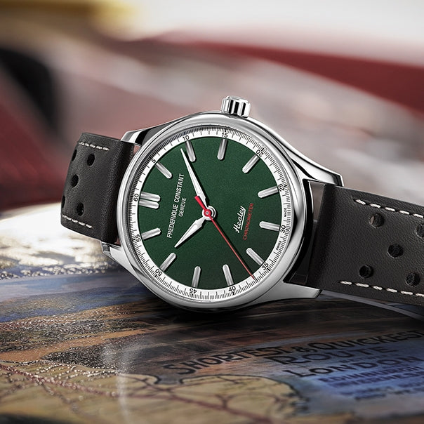 Frederique Constant Men's Vintage Rally Healey Automatic Stainless Steel Watch with Green Dial & Brown close-up detail