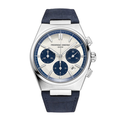 Frederique Constant Men's Highlife Chronograph Automatic White Globe Pattern Dial Stainless Steel Watch with Blue Leather