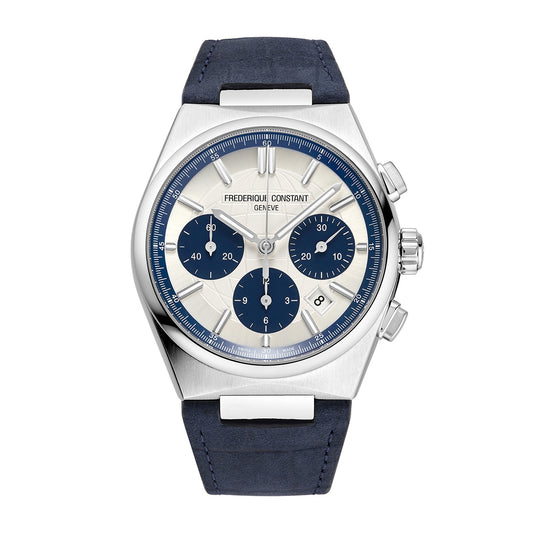 Frederique Constant Men's Highlife Chronograph Automatic White Globe Pattern Dial Stainless Steel Watch with Blue Leather