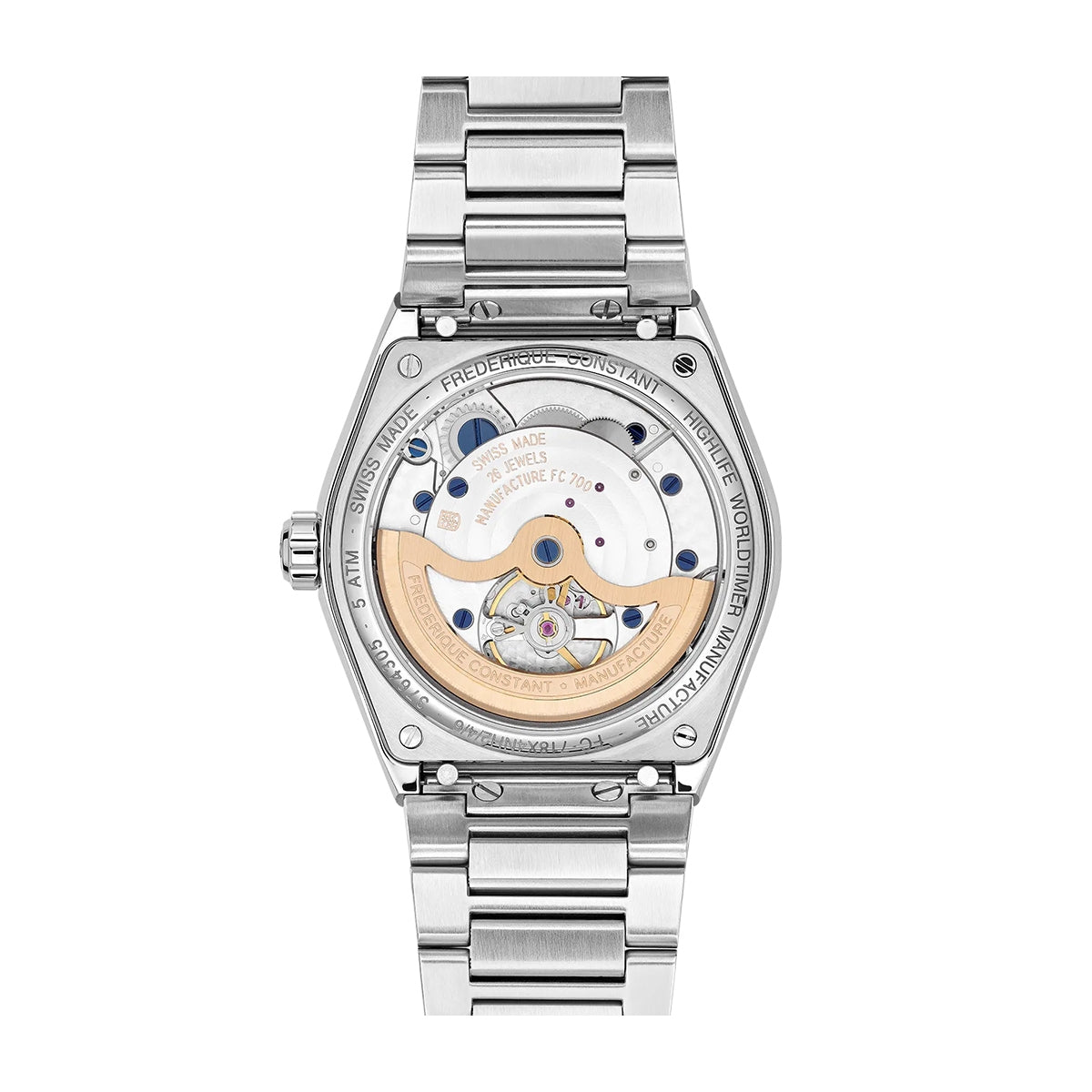 Frederique Constant Men's Highlife Worldtimer Manufacture Stainless Steel Watch with Blue Dial front view