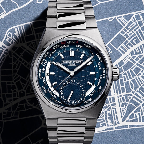 Frederique Constant Men's Highlife Worldtimer Manufacture Stainless Steel Watch with Blue Dial close-up detail