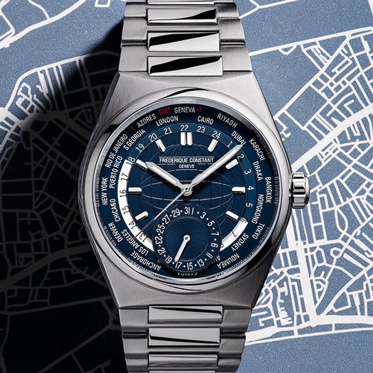 Frederique Constant Men's Highlife Worldtimer Manufacture Stainless Steel Watch with Blue Dial close-up detail
