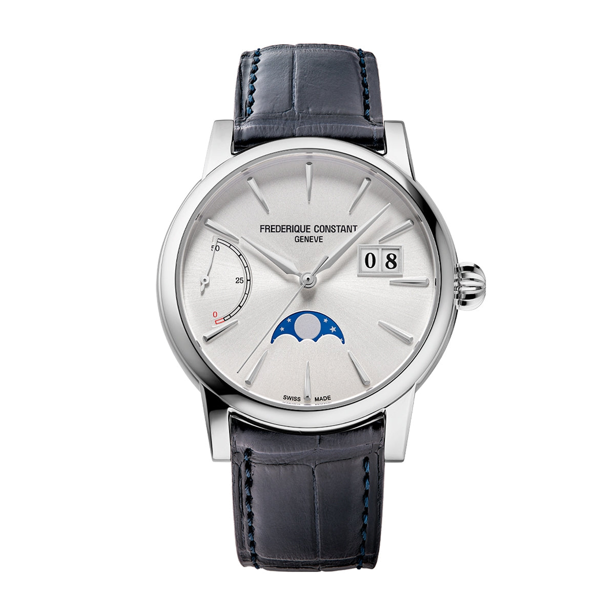 Frederique Constant Men's Power Reserve Manufacture Stainless Steel Watch with Silver Dial & Blue Leather Strap
