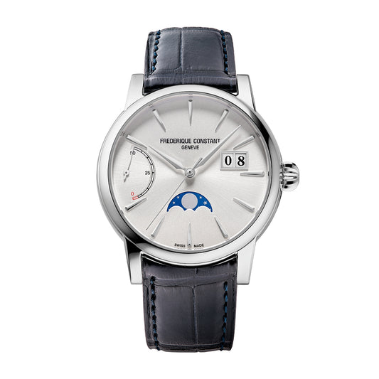Frederique Constant Men's Power Reserve Manufacture Stainless Steel Watch with Silver Dial & Blue Leather Strap