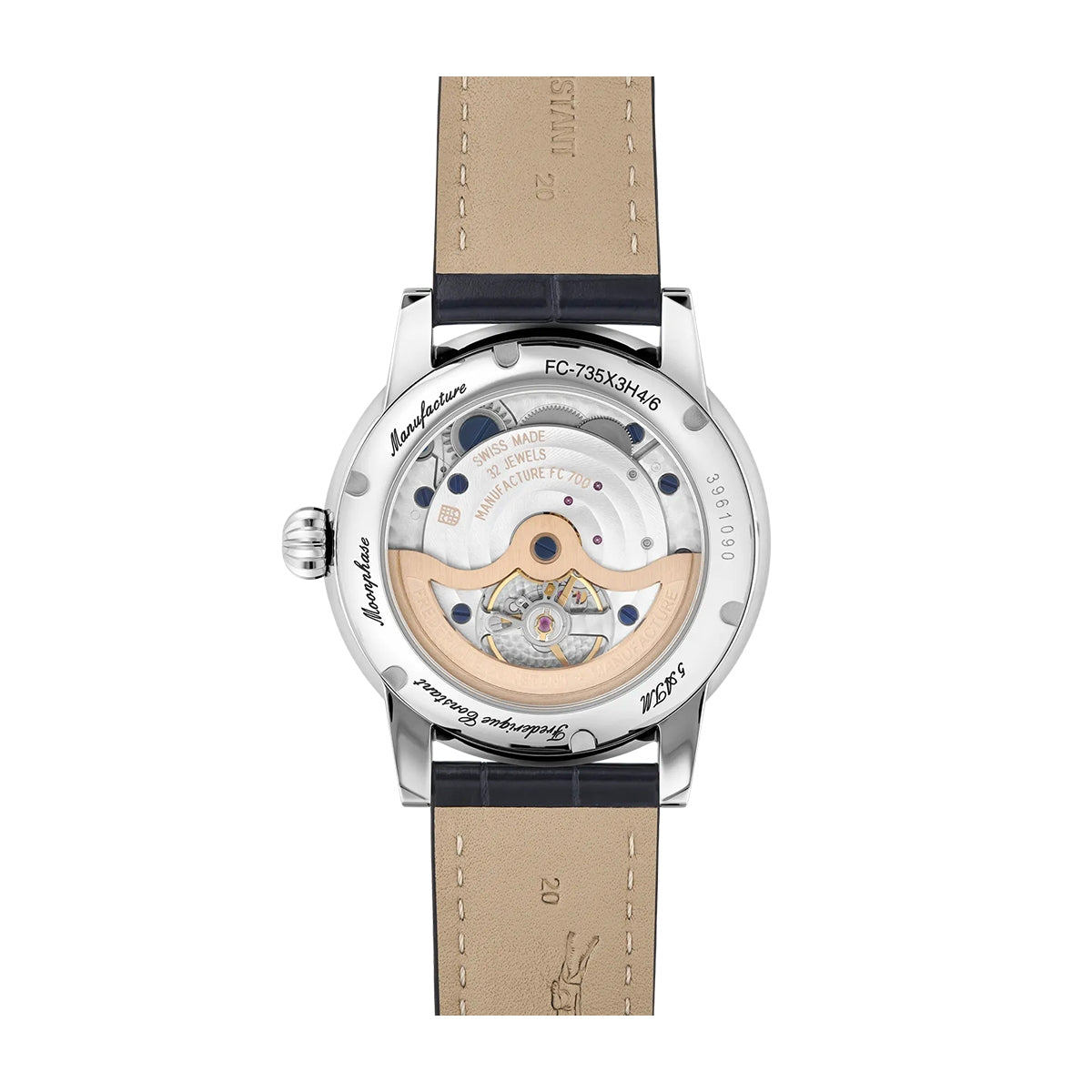 Frederique Constant Men's Power Reserve Manufacture Stainless Steel Watch with Silver Dial & Blue Leather Strap front view