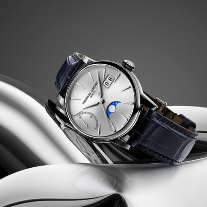 Frederique Constant Men's Power Reserve Manufacture Stainless Steel Watch with Silver Dial & Blue Leather close-up detail
