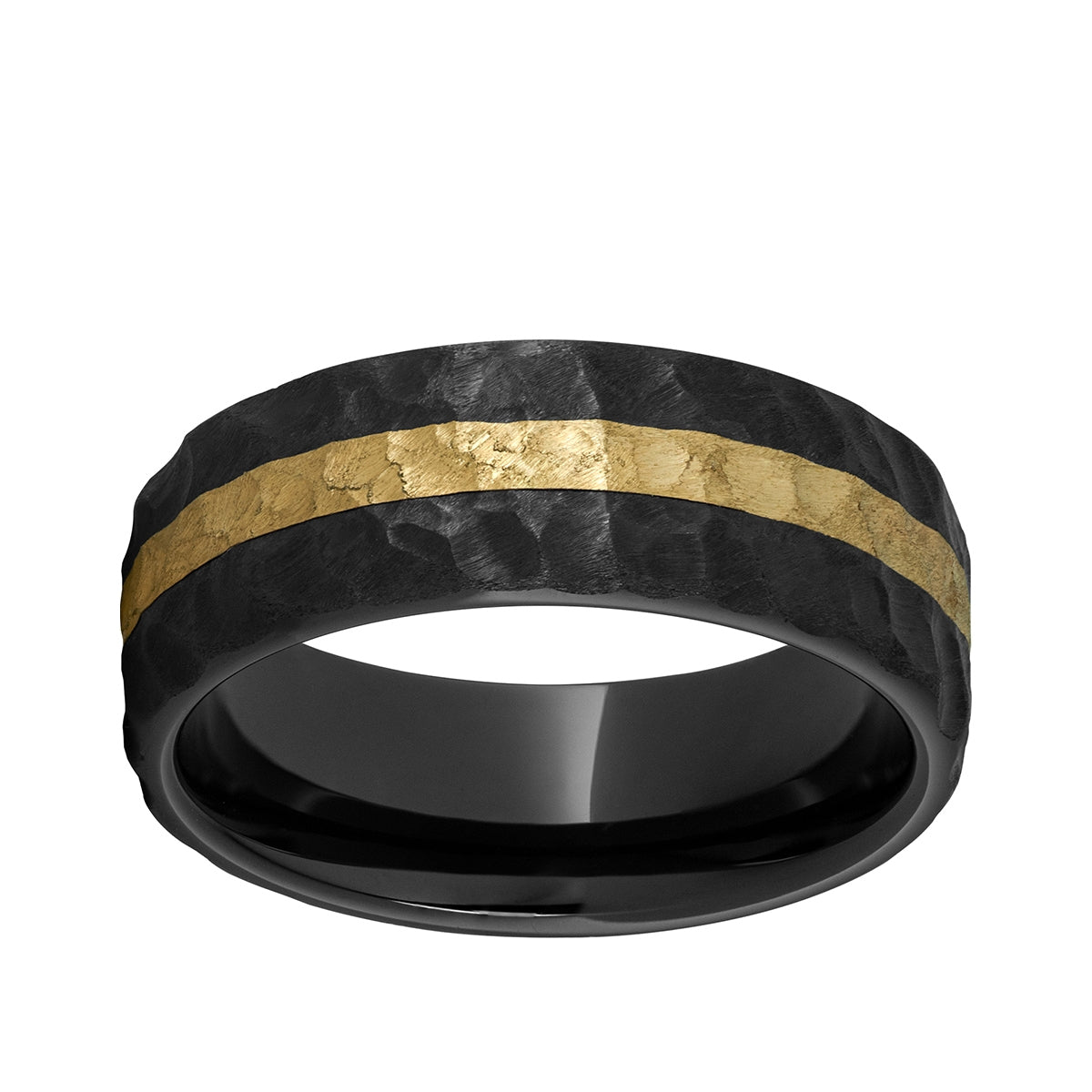 Men's 8mm Hammered Finish Wedding Ring in Black Ceramic with 14K Yellow Gold Inlay