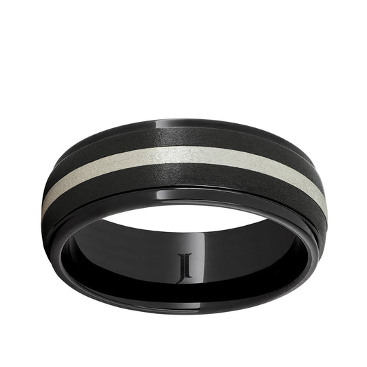 Men's Sterling Silver Inlay Stone Finish Wedding Ring in Black Ceramic