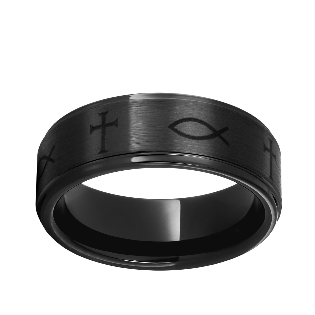 Men's Christian Symbol Wedding Ring in Black Ceramic
