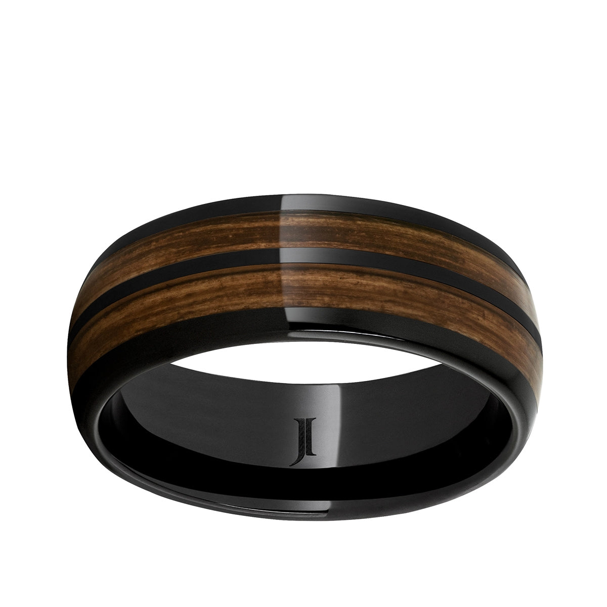 Men's Double Bourbon Barrel Wood Inlay Wedding Ring in Black Ceramic