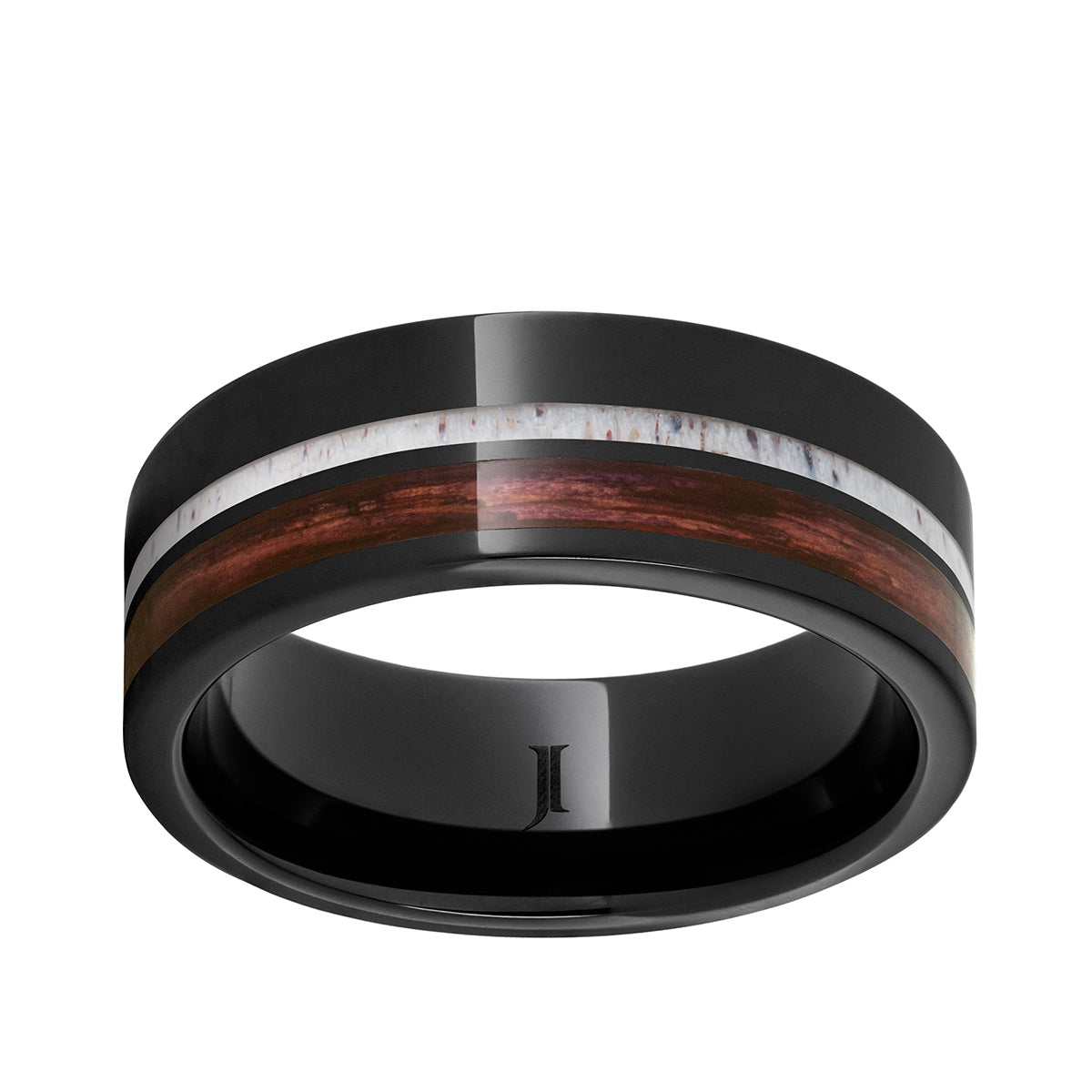 Men's Cabernet Barrel Wood & Deer Antler Inlay Wedding Ring in Black Ceramic