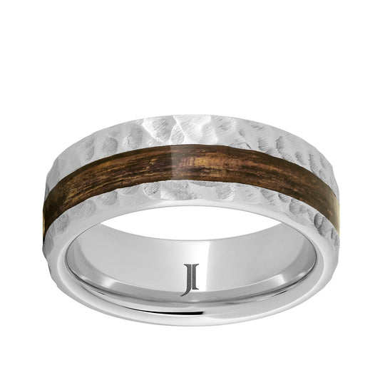 Men's Bourbon Barrel Wood Inlay Moon Crater Finish Wedding Ring in Serinium