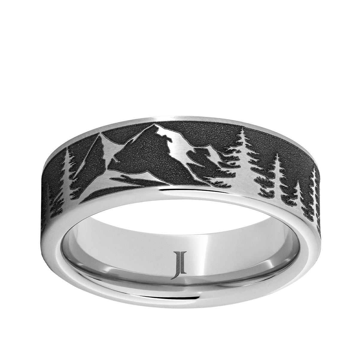 Men's Mountain Pine Forest Engraved Wedding Ring in Serinium