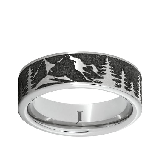 Men's Mountain Pine Forest Engraved Wedding Ring in Serinium