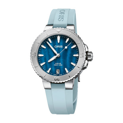 Oris Aquis Date Automatic Stainless Steel Watch with Blue Mother of Pearl Dial & Light Blue Rubber Strap