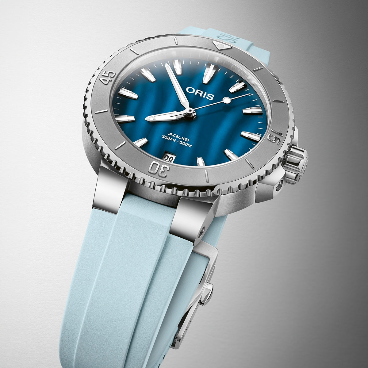 Oris Aquis Date Automatic Stainless Steel Watch with Blue Mother of Pearl Dial & Light Blue Rubber Strap front view