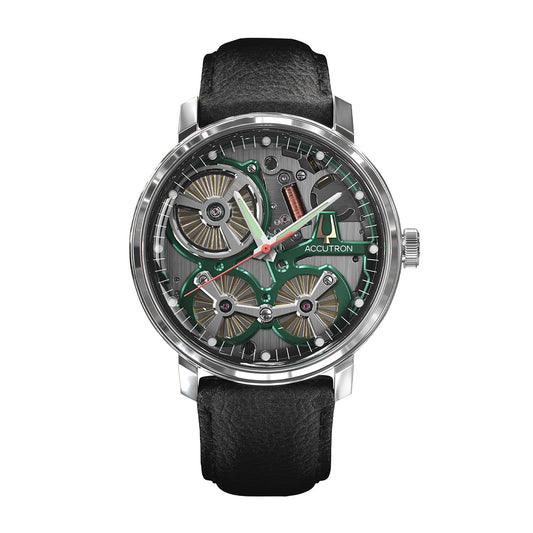 Accutron Men's Spaceview 2020 Automatic Gray & Green Skeleton Dial Stainless Steel Watch with Black Leather Strap