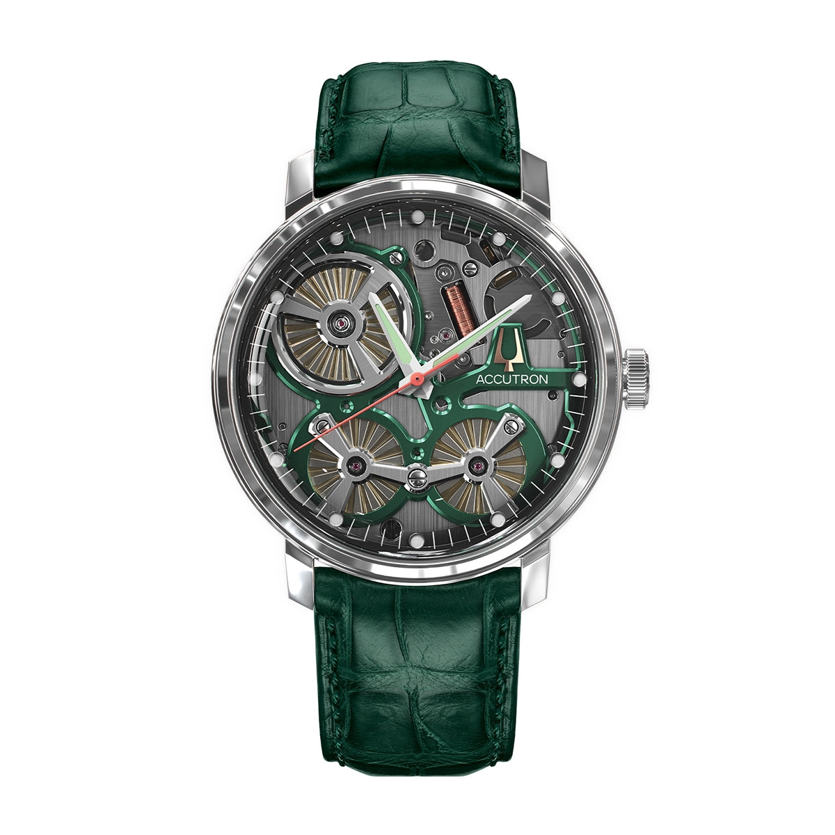 Accutron Men's Spaceview 2020 Automatic Gray & Green Skeleton Dial Stainless Steel Watch with Green Alligator Strap