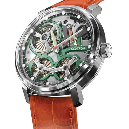 Accutron Men's Spaceview 2020 Automatic Stainless Steel Watch with Gray Dial & Orange Leather Strap front view