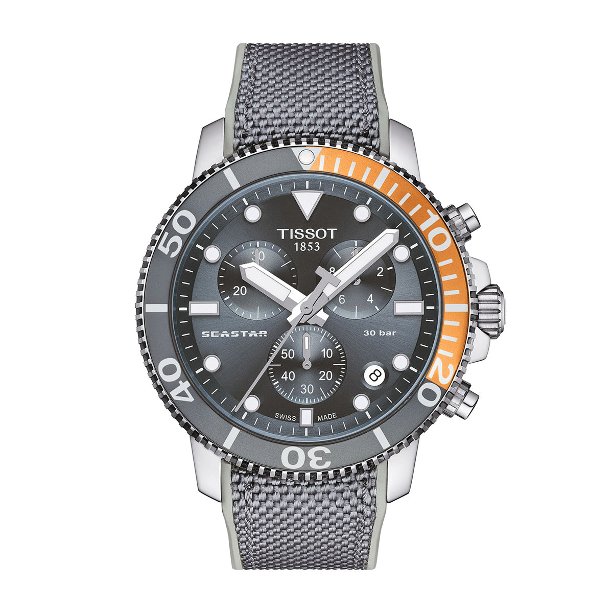stainless steel men's Tissot Seastar quartz watch with grey dial