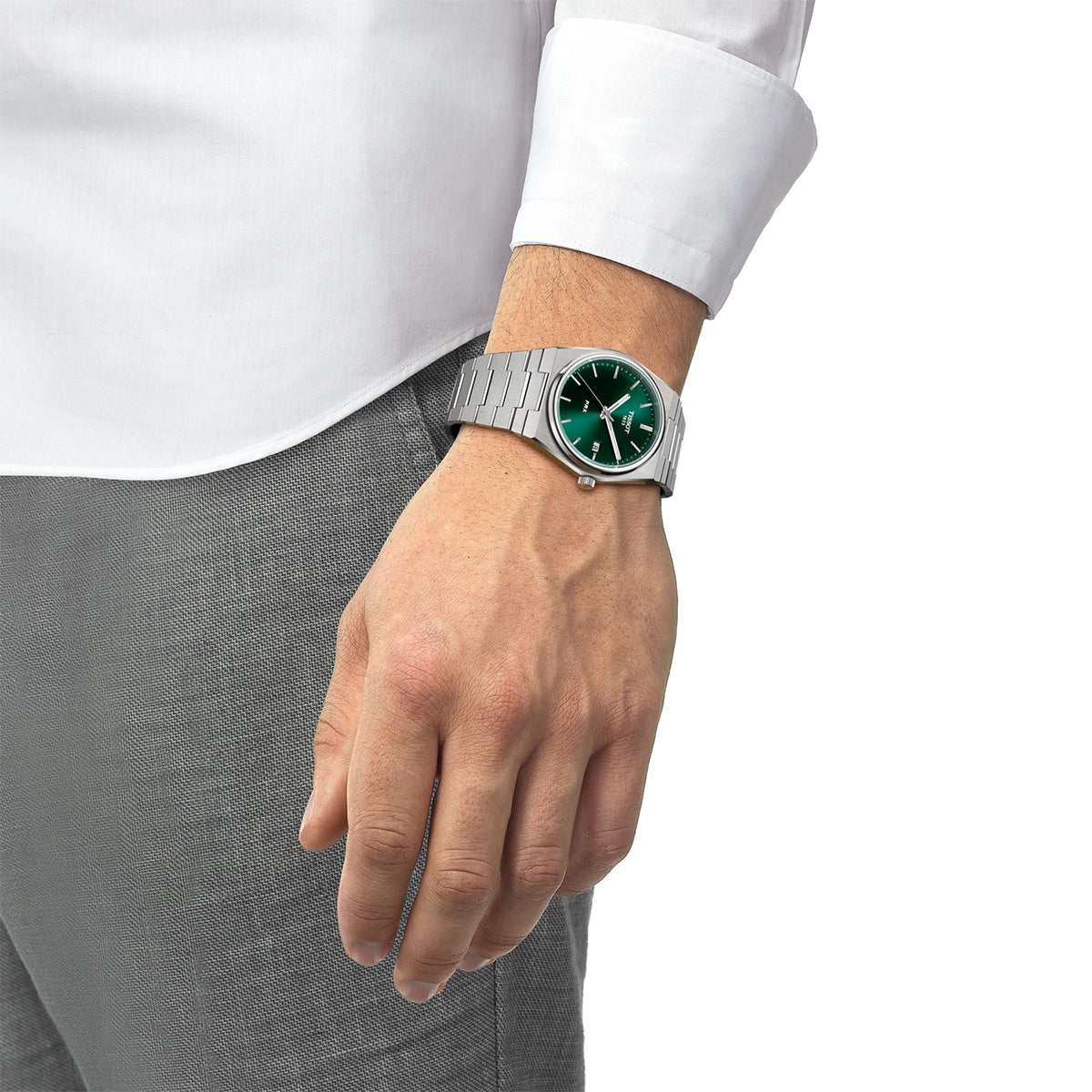 stainless steel men's Tissot quartz watch with green dial
