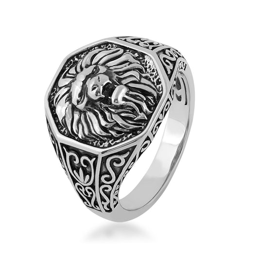 Men's Antiqued Lion Ring in Sterling Silver front view