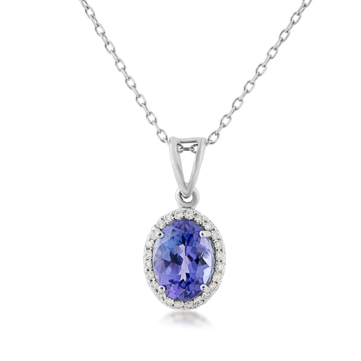 Oval Tanzanite & 1/10 ct. tw. Diamond Halo Pendant in 14K White Gold