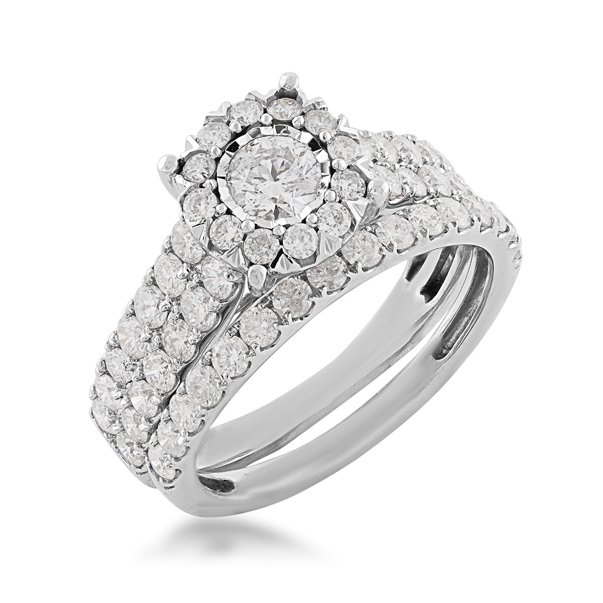 Natural 2 ct. tw. Round Diamond Halo Wedding Set with Miracle Plate in 14K White Gold front view