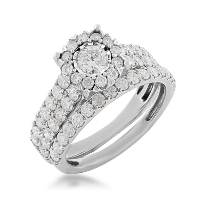 Natural 2 ct. tw. Round Diamond Halo Wedding Set with Miracle Plate in 14K White Gold front view