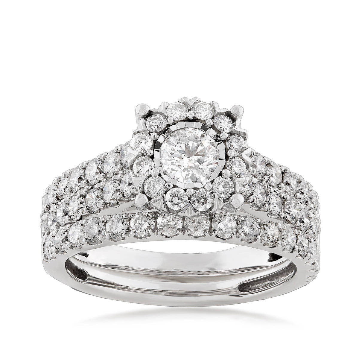 Natural 2 ct. tw. Round Diamond Halo Wedding Set with Miracle Plate in 14K White Gold