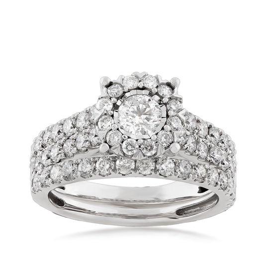 Natural 2 ct. tw. Round Diamond Halo Wedding Set with Miracle Plate in 14K White Gold