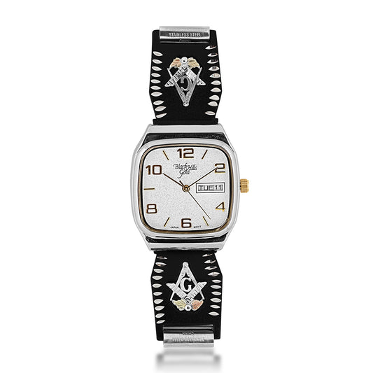 Black Hills Gold Men's Quartz Stainless Steel Watch with White Dial & Masonic Powder Coated Expansion Band
